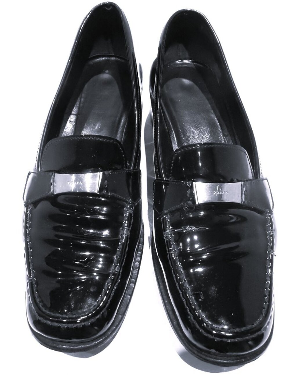 Vintage Prada Black Patent Leather Logo Loafers in Size EU 39